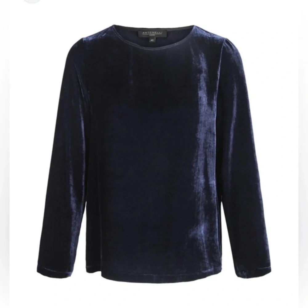 Antonelli Velvet Top Viscose Silk Blend Round Neck Long Sleeve Blue Navy Sz US 8